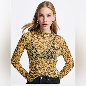 Vila high neck long sleeve mesh top in yellow floral print NWT XL